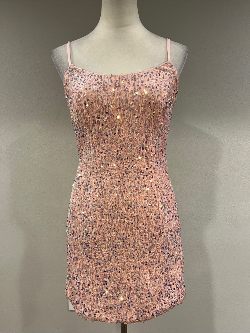 Pink Sequin Spaghetti-Strap Mini Dress